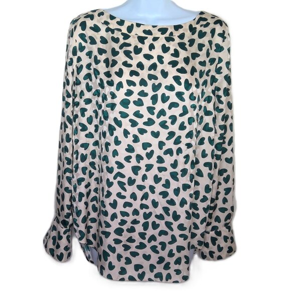 Ann Taylor Tops - Ann Taylor Blousy Top Cream & Green Hearts Pullover Goldtone Button Cuff EUC M